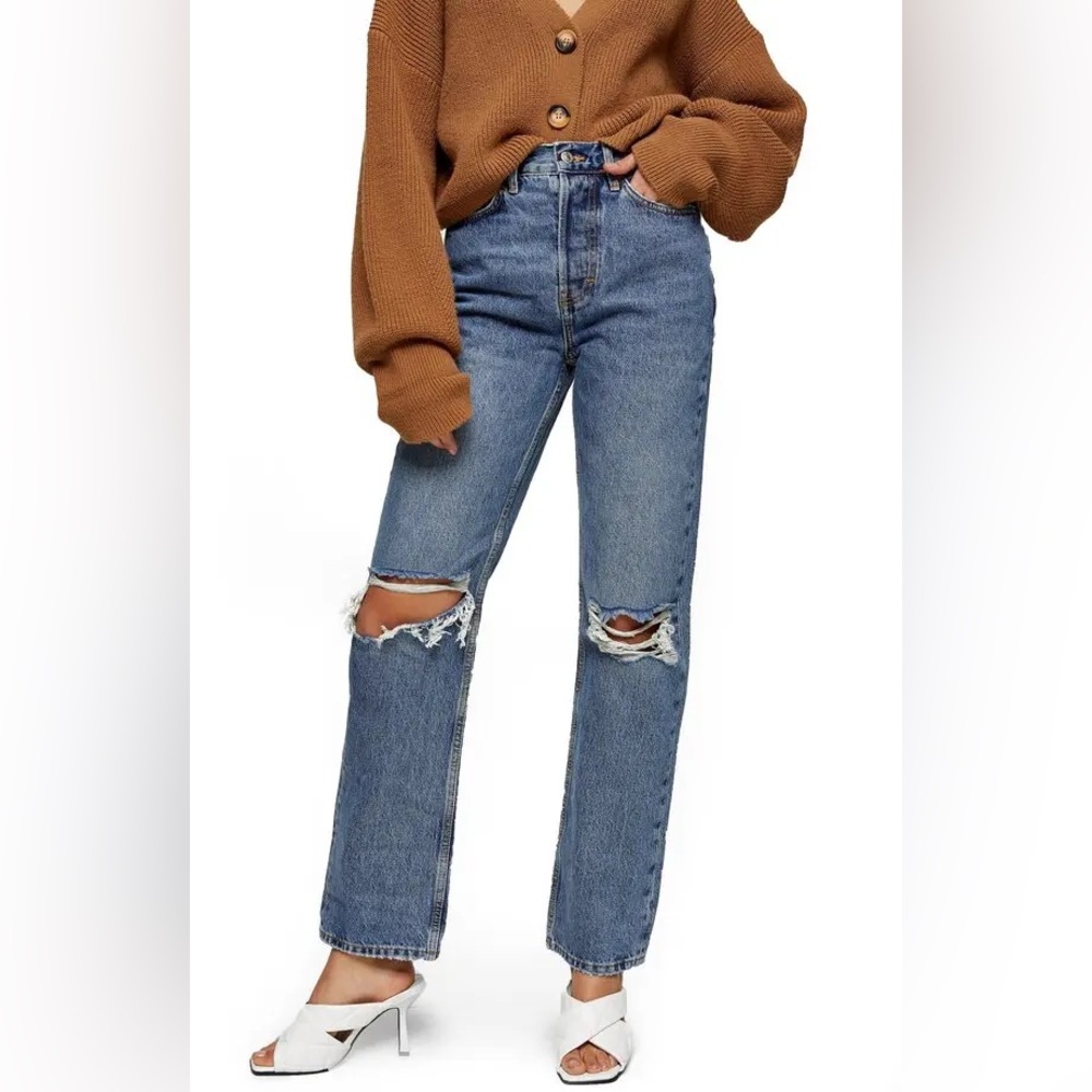 TOPSHOP Mid Rise Ripped Dad Jeans - Blue see description